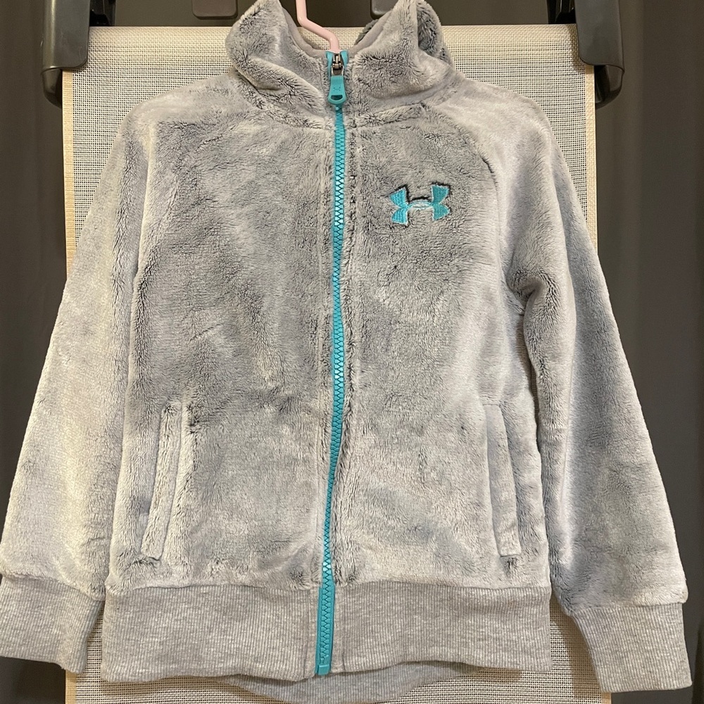 Under Armour Girl 5 Coldgear Grey Fleece Full Zipper Hoodie Sweater side pockets